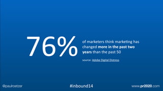 of	
  marketers	
  think	
  markeEng	
  has	
  
changed	
  more	
  in	
  the	
  past	
  two	
  
years	
  than	
  the	
  past	
  50	
  
!
source:	
  Adobe	
  Digital	
  Distress
76%
@paulroetzer www.pr2020.com#inbound14
 