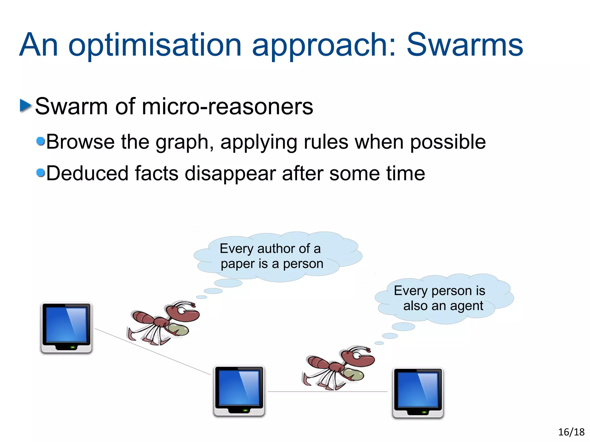 An optimisation approach: Swarms
Swarm of micro-reasoners
 Browse the graph, applying rules when possible
 Deduced facts disappear after some time


                   Every author of a
                   paper is a person

                                       Every person is
                                        also an agent




                                                         16/18
 
