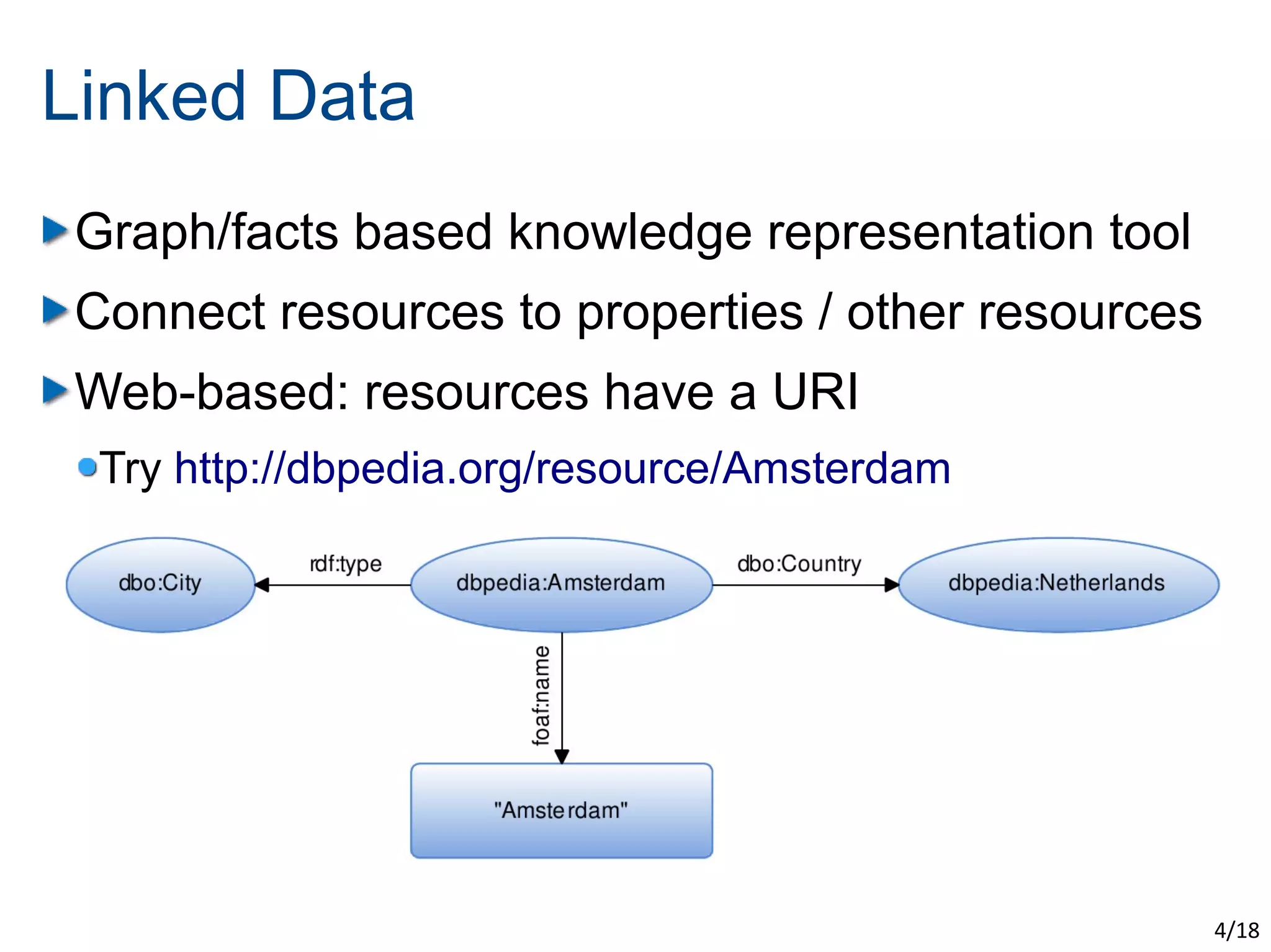 Linked Data
Graph/facts based knowledge representation tool
Connect resources to properties / other resources
Web-based: resources have a URI
 Try http://dbpedia.org/resource/Amsterdam




                                                    4/18
 