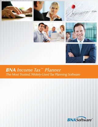 Features & Calculations
BNA INCOME TAX PLANNER
/////////////////////////////////////////////////////////////////////////
Program Features
Whether using BNA Income Tax™
Planner via
CD or the web version, users have come to
depend upon the most trusted planning tools
in the industry.
•	 Allows up to 20 side-by-side columns of
federal and state tax data for multiple years
and/or scenarios, and offers seven modes
of analysis (years within cases, cases within
years, adjustment, difference, taxpayer-
spouse, annualization, and minor child)
•	 Handles all years after 1986, and lets you
specify whether or not to sunset the 2001
Act provisions
•	 Simple worksheet structure that allows
entry of additional detail in custom
worksheets
•	 All computations done instantly
•	 Handles entries from K-1s and 1099s on an
activity-by-activity basis
•	 Security Transaction Analyzer
automatically determines the type and amount
of gain or loss for each capital transaction,
and lets you post each transaction to the
specific scenarios you want
•	 W-4 Worksheet allows you to compare
scenarios to minimize year-end tax
obligations, optimize exemptions, plan for
additional withholdings, and estimate the
impact of life changes
•	 Watch Window lets you continually view
up to ten rows so you can instantly see
the impact of data changes to items such
as the AMT liability, the alternative capital
gains tax, etc.
•	 Graph feature prepares a customizable
graph of your client’s data
•	 Client Letter lets you write a client letter
while still in the program, and link amounts
from worksheets to the letter
•	 Dynamic Data Exchange lets you
exchange data between the program
and Excel
•	 Notes feature lets you create — and
optionally print — notes for any input
row on any worksheet, including custom
worksheets
Web-Only Features
QuickStarts
Common tax scenarios save time and
jump-start planning with simple instructions
showing users how to:
•	 Calculate estimated taxes
•	 Minimize Net Investment Income tax
•	 Determine residential rental income or loss
•	 Analyze joint, separate, or divorce filings
•	 Dispose of Incentive Stock Option
•	 Rollover traditional IRA to Roth IRA
Document Management
•	 Client and plan search utilities locate
client data
•	 Unlimited cloud-based document
storage links client documents to tax
planning cases
•	 File sharing with pre-defined access rights
•	 Automatic regulatory updates
Administrative Management
•	 Central management of individual and
group access to policies, plans, and
client data
•	 Activity history supports on-demand
queries of activities, plans, cases,
documents, and clients
•	 System usage monitoring with
comprehensive history reports
•	 User activity audit trails with
on-demand queries
•	 Ability to export all client plans within the
firm at one time for purposes of archiving or
sharing
•	 Ability to transfer a client plan from one
practitioner to another within the firm
Data Security Management
•	 SOC 1 compliant software with roles-
based user and group access to client data
•	 Streamlined additions and deletions with
usage history tracking
•	 Industry-leading security with data hosted
in audited SOC 1 facilities
•	 User data protected with password
management, sign-in, lockout, policies
•	 Password-protected personal tax plans
prohibit access by others, including system
administrators
Calculations
Taxes
•	 Regular tax — Including future-
year indexing based on user-entered
inflation factor
•	 Affordable Care Act
-- Worksheets walk you through the analysis
and calculations of the Net Investment
Income Tax (Medicare Investment Income
Tax)
-- Automatically calculates the health care
credit and penalty
•	 Alternative capital gains tax —
Special treatment of the various gain/
loss categories
•	 Farm income averaging tax
•	 Alternative Minimum Tax
-- Automatically computes AMT including
the phase out of exemptions, recomputed
passive losses, the AMT alternative
capital gains tax, the minimum tax credit,
and much more
-- Automatically handles AMT preferences
for Sec. 1202 stock
-- AMT rules for children
•	 State taxes
-- Automatically calculates and integrates
resident state income taxes for all states,
New York City, and Washington, D.C.,
and over 35 nonresident states
-- Special worksheets for state tax payment
entries and calculation of state refundable
credits, as well as separate resident and
nonresident worksheets
-- Simultaneous calculation of
nonresident taxes for New York and
multiple nonresident states
-----------------------------------------
“This program’s ability to work
with several of the top preparation
suites is a remarkable feature and
offers professionals an option for
planning other than their current
tax preparation vendor.”
5-Star Rating
CPA Practice Advisor
-----------------------------------------
-----------------------------------------
“The BNA Income Tax Planner
is an easy-to-use tax planning
solution that streamlines and
simplifies every aspect of
individual income tax forecasting
and analysis …”
Accounting Today	
-----------------------------------------
 