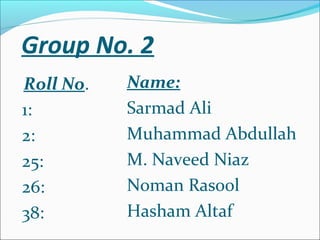 Group No. 2
Roll No.
1:
2:
25:
26:
38:
Name:
Sarmad Ali
Muhammad Abdullah
M. Naveed Niaz
Noman Rasool
Hasham Altaf
 