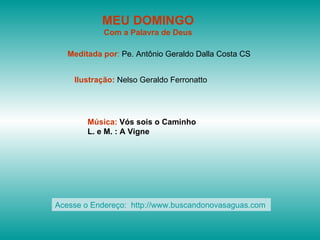 MEU DOMINGO Com a Palavra de Deus Meditada por :  Pe. Antônio Geraldo Dalla Costa CS Ilustração:  Nelso Geraldo Ferronatto Música:  Vós sois o Caminho  L. e M. : A Vigne Acesse o Endereço:  http://www.buscandonovasaguas.com  