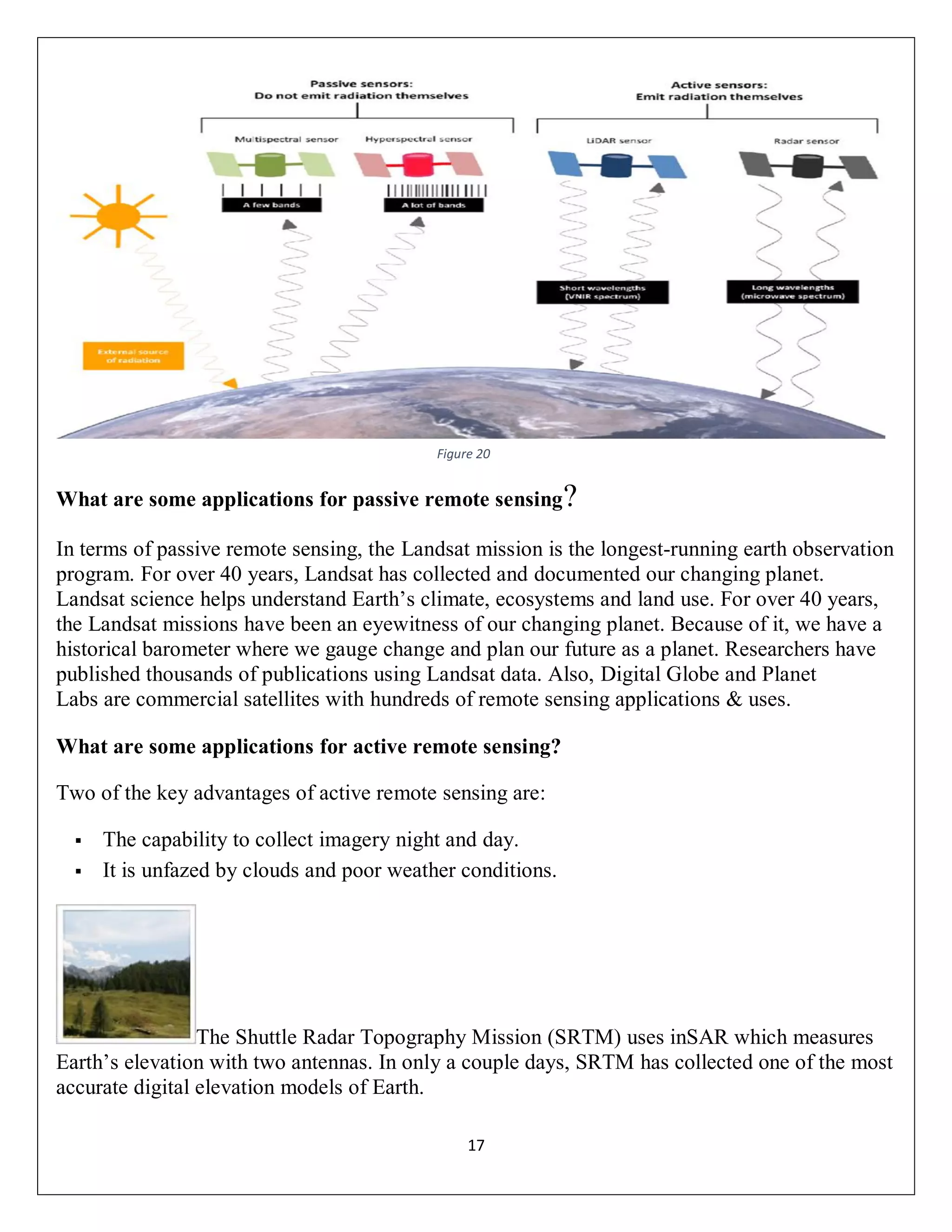 17
What are some applications for passive remote sensing?
In terms of passive remote sensing, the Landsat mission is the longest-running earth observation
program. For over 40 years, Landsat has collected and documented our changing planet.
Landsat science helps understand Earth’s climate, ecosystems and land use. For over 40 years,
the Landsat missions have been an eyewitness of our changing planet. Because of it, we have a
historical barometer where we gauge change and plan our future as a planet. Researchers have
published thousands of publications using Landsat data. Also, Digital Globe and Planet
Labs are commercial satellites with hundreds of remote sensing applications & uses.
What are some applications for active remote sensing?
Two of the key advantages of active remote sensing are:
 The capability to collect imagery night and day.
 It is unfazed by clouds and poor weather conditions.
The Shuttle Radar Topography Mission (SRTM) uses inSAR which measures
Earth’s elevation with two antennas. In only a couple days, SRTM has collected one of the most
accurate digital elevation models of Earth.
Figure 20
 