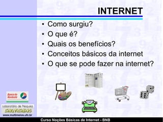 Como surgiu? O que é? Quais os benefícios? Conceitos básicos da internet O que se pode fazer na internet? INTERNET 