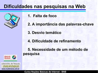 1.   Falta de foco 2. A importância das palavras-chave 3. Desvio temático 4. Dificuldade de refinamento 5. Necessidade de um método de pesquisa Dificuldades nas pesquisas na Web 
