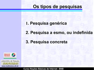 1.  Pesquisa genérica 2. Pesquisa a esmo, ou indefinida 3. Pesquisa concreta Os tipos de pesquisas 