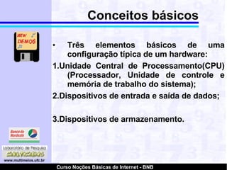 Conceitos básicos Três elementos básicos de uma configuração típica de um hardware:  1.Unidade Central de Processamento(CPU) (Processador, Unidade de controle e memória de trabalho do sistema);  2.Dispositivos de entrada e saída de dados;  3.Dispositivos de armazenamento. 