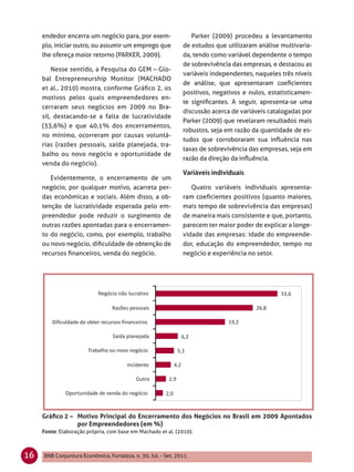endedor encerra um negócio para, por exem-                   Parker (2009) procedeu a levantamento
     plo, iniciar outro, ou assumir um emprego que             de estudos que utilizaram análise multivaria-
     lhe ofereça maior retorno (PARKER, 2009).                 da, tendo como variável dependente o tempo
                                                               de sobrevivência das empresas, e destacou as
         Nesse sentido, a Pesquisa do GEM – Glo-
                                                               variáveis independentes, naqueles três níveis
     bal Entrepreneurship Monitor (MACHADO
                                                               de análise, que apresentaram coeﬁcientes
     et al., 2010) mostra, conforme Gráﬁco 2, os
                                                               positivos, negativos e nulos, estatisticamen-
     motivos pelos quais empreendedores en-
                                                               te signiﬁcantes. A seguir, apresenta-se uma
     cerraram seus negócios em 2009 no Bra-
                                                               discussão acerca de variáveis catalogadas por
     sil, destacando-se a falta de lucratividade
                                                               Parker (2009) que revelaram resultados mais
     (33,6%) e que 40,1% dos encerramentos,
                                                               robustos, seja em razão da quantidade de es-
     no mínimo, ocorreram por causas voluntá-
                                                               tudos que corroboraram sua inﬂuência nas
     rias (razões pessoais, saída planejada, tra-
                                                               taxas de sobrevivência das empresas, seja em
     balho ou novo negócio e oportunidade de
                                                               razão da direção da inﬂuência.
     venda do negócio).

        Evidentemente, o encerramento de um
     negócio, por qualquer motivo, acarreta per-                  Quatro variáveis individuais apresenta-
     das econômicas e sociais. Além disso, a ob-               ram coeﬁcientes positivos (quanto maiores,
     tenção de lucratividade esperada pelo em-                 mais tempo de sobrevivência das empresas)
     preendedor pode reduzir o surgimento de                   de maneira mais consistente e que, portanto,
     outras razões apontadas para o encerramen-                parecem ter maior poder de explicar a longe-
     to do negócio, como, por exemplo, trabalho                vidade das empresas: idade do empreende-
     ou novo negócio, diﬁculdade de obtenção de                dor, educação do empreendedor, tempo no
     recursos ﬁnanceiros, venda do negócio.                    negócio e experiência no setor.




     Gráﬁco 2 – Motivo Principal do Encerramento dos Negócios no Brasil em 2009 Apontados
                por Empreendedores (em %)
     Fonte: Elaboração própria, com base em Machado et al. (2010).



16   BNB Conjuntura Econômica, Fortaleza, n. 30, Jul. - Set. 2011
 