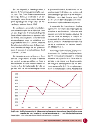 No caso da produção de energia eólica, o           e quinze mil indiretos. Foi estimado um in-
governo de Pernambuco, por exemplo, nego-             vestimento de R$ 6 bilhões, e o projeto terá
cia com a Enel Green Power, maior empresa             capacidade para geração de 1.400 MW (MA-
de energia italiana, a construção de um par-          RANHÃO..., 2011). Vale destacar que o Ceará
que gerador no sertão do estado. A empresa            e o Rio Grande do Norte já possuem empre-
prevê a produção de energia limpa em Per-             endimentos importantes nesse segmento.
nambuco a partir do ﬁnal de 2013.
                                                          A expansão dos investimentos implica
   De acordo com o governador Eduardo Cam-
                                                      signiﬁcativo incremento das importações de
pos, Pernambuco procura se consolidar como
                                                      máquinas e equipamentos, sobretudo nos
um polo de geração de energia, já abrigando
                                                      estados com maior densidade produtiva. No
fornecedores importantes no segmento eóli-
                                                      caso da Bahia, por exemplo, as compras in-
co. De fato, o estado já conta com a fábrica de
                                                      ternacionais de produtos dos segmentos má-
aerogeradores da Impsa e a unidade de pro-
                                                      quinas, aparelhos e materiais elétricos e suas
dução de torres eólicas da Gonvarri, ambas no
Complexo Industrial Portuário de Suape. Ade-          partes se mantiveram em patamar elevado
mais, Pernambuco abriga um dos quatro nú-             em 2011 (Gráﬁco 2).
cleos de estudos de energia eólica do Brasil              Com relação ao PIB nacional, o componen-
(GOVERNO..., 2011).
                                                      te consumo das famílias assinalou aumento
   No Maranhão, a empresa Bioenergy Gera-             de 1% comparativamente aos três primeiros
dora de Energia realiza estudos no sentido            meses do ano, após alta de 0,7% no referido
de construir um parque eólico em Tutoia e             período nessa mesma base de comparação.
Paulino Neves, no litoral leste do estado. So-        Em relação a idêntico período do ano ante-
mente na fase de implantação, deverão ser             rior, o aumento foi de 5,5%, o trigésimo pri-
gerados mais de três mil empregos diretos             meiro incremento consecutivo. As condições




Gráﬁco 2 – Bahia: Importação de Máquinas e Equipamentos, Aparelhos e Materiais Elétricos e
           suas Partes, etc – Janeiro de 2011 a Setembro de 2011 – em Milhões de Toneladas
Fonte: BRASIL, 2011. Elaboração: Equipe BNB/ETENE Conjuntura Econômica.


                                                BNB Conjuntura Econômica, Fortaleza, n. 30, Jul. - Set. 2011   31
 