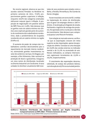 No recorte regional, observa-se que dos            ladas de seus produtos para estados como a
acordos salariais ﬁrmados no Nordeste no              Bahia, a Paraíba, Pernambuco, Rio Grande do
primeiro semestre de 2011, 77,6% pro-                 Norte e Sergipe.
porcionaram ganhos superiores à inﬂação,
                                                         Foram investidos em torno de R$ 1 milhão
enquanto 10,5% das categorias analisadas
                                                      na implantação do centro de distribuição,
obtiveram reajuste igual à inﬂação. A pro-
                                                      que irá gerar 30 empregos diretos e 300 in-
porção de negociações em patamar abaixo
                                                      diretos. A localização privilegiada do estado,
do INPC ﬁcou em 11,8%. Vale destacar que
                                                      facilitando a logística de entrega dos produ-
os ganhos reais do salário-mínimo nos últi-
                                                      tos, foi apontada como crucial para a decisão
mos anos explicam grande parte do aumen-
                                                      de investimento. Vale destacar que a empre-
to do rendimento dos trabalhadores nordes-
                                                      sa já possui uma ﬁlial em Fortaleza.
tinos, dada a predominância de ocupados
recebendo até um salário-mínimo na região                Com relação ao mercado externo, veriﬁca-
(Gráﬁco 4).                                           -se que as exportações crescem em ritmo
                                                      superior ao das importações, apesar da apre-
   O aumento do poder de compra dos tra-
                                                      ciação do câmbio. Constata-se uma elevação
balhadores contribui decisivamente para o
                                                      de 23,6% das vendas externas no indicador
aquecimento do mercado interno nordesti-
                                                      mensal e de 31,1% no acumulado do ano.
no, estimulando grandes investimentos no
                                                      Nesses indicadores, as compras internacio-
setor de comércio e serviços. Em Alagoas, por
                                                      nais registraram incrementos de 13,9% e
exemplo, a Dori Alimentos, líder nacional na
                                                      26,3%, respectivamente.
produção de doces e guloseimas, inaugurou
um novo centro de distribuição, localizado               O crescimento das exportações decorreu,
no Distrito Industrial Luiz Cavalcante. A nova        sobretudo, do avanço dos produtos básicos,
unidade irá distribuir anualmente 600 tone-           com elevação de 40,5% no acumulado janeiro-




Gráﬁco 4 – Nordeste: Distribuição dos Reajustes Salariais, por Região Geográﬁca,
           Comparativamente ao INPC-IBGE – Primeiro Semestre de 2011
Fonte: DIEESE, 2011. Elaboração: Equipe BNB/ETENE Conjuntura Econômica.

                                                BNB Conjuntura Econômica, Fortaleza, n. 30, Jul. - Set. 2011   33
 