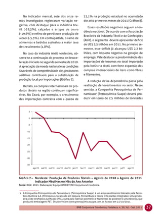 No indicador mensal, sete dos onze ra-                  22,1% na produção estadual no acumulado
mos investigados registraram variação ne-                   dos oito primeiros meses de 2011 (Gráﬁco 8).
gativa, com destaque para a indústria têx-
                                                               Esses resultados negativos seguem a ten-
til (-28,3%), calçados e artigos de couro
                                                            dência nacional. De acordo com a Associação
(-19,6%) e reﬁno de petróleo e produção de
                                                            Brasileira da Indústria Têxtil e de Confecções
álcool (-5,3%). Em contrapartida, o ramo de
                                                            (Abit), o segmento deverá apresentar déﬁcit
alimentos e bebidas assinalou a maior taxa
                                                            de US$ 5,5 bilhões em 2011. No primeiro se-
de crescimento (1,8%).
                                                            mestre, esse déficit já alcançou US$ 2,2 bi-
   No caso da indústria têxtil nordestina, ob-              lhões, com impacto negativo na geração de
serva-se a continuação do processo de desace-               emprego. Vale destacar a predominância das
leração iniciado no segundo semestre de 2010.               importações de insumos no total importado
A apreciação da moeda nacional e as condições               pela indústria têxtil, com forte expansão das
favoráveis de competitividade dos produtores                compras internacionais de itens como ﬁbras
asiáticos contribuem para a substituição de                 e ﬁlamentos.
produção local por importações (Gráﬁco 7).
                                                               A redução dessa dependência passa pela
   De fato, as compras internacionais de pro-               realização de investimentos no setor. Nesse
dutos têxteis na região continuam signiﬁca-                 sentido, a Companhia Petroquímica de Per-
tivas. No Ceará, por exemplo, o crescimento                 nambuco1 (Petroquímica Suape) deverá pro-
das importações contrasta com a queda de                    duzir em torno de 7,5 milhões de toneladas




Gráﬁco 7 – Nordeste: Produção de Produtos Têxteis – Agosto de 2010 a Agosto de 2011
           Indicador Mês/Mesmo Mês do Ano Anterior
Fonte: IBGE, 2011. Elaboração: Equipe BNB/ETENE Conjuntura Econômica.


1 A Companhia Petroquímica de Pernambuco (Petroquímica Suape) é um empreendimento liderado pela Petro-
  brás Química S.A. (Petroquisa), localizado em Ipojuca, Pernambuco e reúne três plantas integradas: Uma produ-
  zirá ácido tereftálico puriﬁcado (PTA), outra para fabricar polímeros e ﬁlamentos de poliéster e uma terceira, que
  produzirá embalagens PET. Disponível em www.petroquimicasuape.com.br. Acesso em 23/10/2011.

                                                     BNB Conjuntura Econômica, Fortaleza, n. 30, Jul. - Set. 2011      37
 