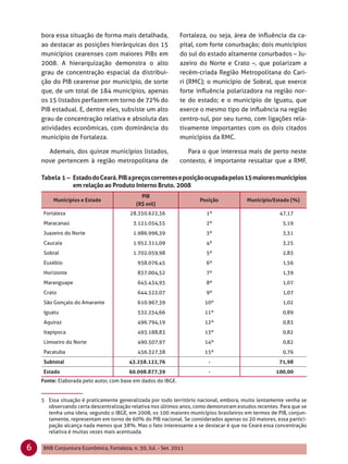 bora essa situação de forma mais detalhada,               Fortaleza, ou seja, área de inﬂuência da ca-
    ao destacar as posições hierárquicas dos 15               pital, com forte conurbação; dois municípios
    municípios cearenses com maiores PIBs em                  do sul do estado altamente conurbados – Ju-
    2008. A hierarquização demonstra o alto                   azeiro do Norte e Crato –, que polarizam a
    grau de concentração espacial da distribui-               recém-criada Região Metropolitana do Cari-
    ção do PIB cearense por município, de sorte               ri (RMC); o município de Sobral, que exerce
    que, de um total de 184 municípios, apenas                forte inﬂuência polarizadora na região nor-
    os 15 listados perfazem em torno de 72% do                te do estado; e o município de Iguatu, que
    PIB estadual. E, dentre eles, subsiste um alto            exerce o mesmo tipo de inﬂuência na região
    grau de concentração relativa e absoluta das              centro-sul, por seu turno, com ligações rela-
    atividades econômicas, com dominância do                  tivamente importantes com os dois citados
    município de Fortaleza.                                   municípios da RMC.

      Ademais, dos quinze municípios listados,                  Para o que interessa mais de perto neste
    nove pertencem à região metropolitana de                  contexto, é importante ressaltar que a RMF,

    Tabela 1 – Estado do Ceará. PIB a preços correntes e posição ocupada pelos 15 maiores municípios
               em relação ao Produto Interno Bruto. 2008
                                             PIB
        Municípios e Estado                                          Posição           Município/Estado (%)
                                           (R$ mil)
    Fortaleza                            28.350.622,36                 1º                           47,17
    Maracanaú                             3.121.054,55                 2º                             5,19
    Juazeiro do Norte                     1.986.996,39                 3º                             3,31
    Caucaia                               1.952.311,09                 4º                             3,25
    Sobral                                1.702.059,98                 5º                             2,83
    Eusébio                                 938.076,45                 6º                             1,56
    Horizonte                               837.004,52                 7º                             1,39
    Maranguape                              645.434,93                 8º                             1,07
    Crato                                   644.522,07                 9º                             1,07
    São Gonçalo do Amarante                 610.967,39                10º                             1,02
    Iguatu                                  532.254,66                11º                             0,89
    Aquiraz                                 496.794,19                12º                             0,83
    Itapipoca                               493.188,83                13º                             0,82
    Limoeiro do Norte                       490.507,97                14º                             0,82
    Pacatuba                                456.327,38                15º                             0,76
    Subtotal                            43.258.122,76                   -                           71,98
    Estado                              60.098.877,39                   -                          100,00
    Fonte: Elaborada pelo autor, com base em dados do IBGE.


    5 Essa situação é praticamente generalizada por todo território nacional, embora, muito lentamente venha se
      observando certa descentralização relativa nos últimos anos, como demonstram estudos recentes. Para que se
      tenha uma ideia, segundo o IBGE, em 2008, os 100 maiores municípios brasileiros em termos de PIB, conjun-
      tamente, representam em torno de 60% do PIB nacional. Se considerados apenas os 20 maiores, essa partici-
      pação alcança nada menos que 38%. Mas o fato interessante a se destacar é que no Ceará essa concentração
      relativa é muitas vezes mais acentuada.


6   BNB Conjuntura Econômica, Fortaleza, n. 30, Jul. - Set. 2011
 