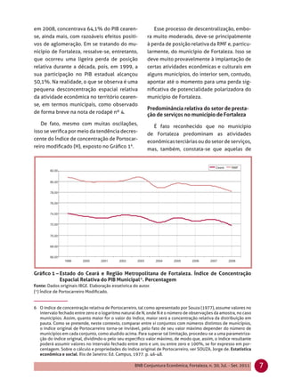 em 2008, concentrava 64,1% do PIB cearen-                     Esse processo de descentralização, embo-
se, ainda mais, com razoáveis efeitos positi-              ra muito moderado, deve-se principalmente
vos de aglomeração. Em se tratando do mu-                  à perda de posição relativa da RMF e, particu-
nicípio de Fortaleza, ressalve-se, entretanto,             larmente, do município de Fortaleza. Isso se
que ocorreu uma ligeira perda de posição                   deve muito provavelmente à implantação de
relativa durante a década, pois, em 1999, a                certas atividades econômicas e culturais em
sua participação no PIB estadual alcançou                  alguns municípios, do interior sem, contudo,
50,1%. Na realidade, o que se observa é uma                apontar até o momento para uma perda sig-
pequena desconcentração espacial relativa                  niﬁcativa de potencialidade polarizadora do
da atividade econômica no território cearen-               município de Fortaleza.
se, em termos municipais, como observado
de forma breve na nota de rodapé nº 4.

   De fato, mesmo com muitas oscilações,
                                                              É fato reconhecido que no município
isso se veriﬁca por meio da tendência decres-
                                                           de Fortaleza predominam as atividades
cente do Índice de concentração de Portocar-
                                                           econômicas terciárias ou do setor de serviços,
reiro modiﬁcado (H), exposto no Gráﬁco 16.
                                                           mas, também, constata-se que aquelas de




Gráﬁco 1 – Estado do Ceará e Região Metropolitana de Fortaleza. Índice de Concentração
           Espacial Relativa do PIB Municipal*. Percentagem
Fonte: Dados originais IBGE. Elaboração estatística do autor.
(*) Índice de Portocarreiro Modiﬁcado.


6 O índice de concentração relativa de Portocarreiro, tal como apresentado por Souza (1977), assume valores no
  intervalo fechado entre zero e o logaritmo natural de N, onde N é o número de observações da amostra, no caso
  municípios. Assim, quanto maior for o valor do índice, maior será a concentração relativa da distribuição em
  pauta. Como se pretende, neste contexto, comparar entre si conjuntos com números distintos de municípios,
  o índice original de Portocarreiro torna-se inviável, pelo fato de seu valor máximo depender do número de
  municípios em cada conjunto, como aludido acima. Para superar tal limitação, procedeu-se a uma parametriza-
  ção do índice original, dividindo-o pelo seu especíﬁco valor máximo, de modo que, assim, o índice resultante
  poderá assumir valores no intervalo fechado entre zero e um, ou entre zero e 100%, se for expresso em por-
  centagem. Sobre o cálculo e propriedades do índice original de Portocarreiro, ver SOUZA, Jorge de. Estatística
  econômica e social. Rio de Janeiro: Ed. Campus, 1977. p. 46-48.

                                                     BNB Conjuntura Econômica, Fortaleza, n. 30, Jul. - Set. 2011   7
 