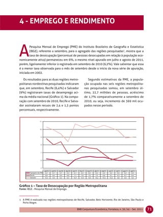 4 - EMPREGO E RENDIMENTO



A
        Pesquisa Mensal de Emprego (PME) do Instituto Brasileiro de Geograﬁa e Estatística
        (IBGE), referente a setembro, para o agregado das regiões pesquisadas1, mostra que a
        taxa de desocupação (percentual de pessoas desocupadas em relação à população eco-
nomicamente ativa) permaneceu em 6%, o mesmo nível apurado em julho e agosto de 2011,
porém, ligeiramente inferior à registrada em setembro de 2010 (6,2%). Vale salientar que essa
é a menor taxa observada para o mês de setembro desde o início da nova série de apuração,
iniciada em 2002.

   Os resultados para as duas regiões metro-                Segundo estimativas da PME, a popula-
politanas nordestinas pesquisadas indicaram              ção ocupada nas seis regiões metropolita-
que, em setembro, Recife (6,4%) e Salvador               nas pesquisadas somou, em setembro úl-
(9%) registraram taxas de desemprego aci-                timo, 22,7 milhões de pessoas, acréscimo
ma da média nacional (Gráﬁco 1). Na compa-               de 1,7% comparativamente a setembro de
ração com setembro de 2010, Recife e Salva-              2010, ou seja, incremento de 369 mil ocu-
dor assinalaram recuos de 2,4 e 1,3 pontos               pados nesse período.
percentuais, respectivamente.




Gráﬁco 1 – Taxa de Desocupação por Região Metropolitana
Fonte: IBGE - Pesquisa Mensal de Emprego.



1 A PME é realizada nas regiões metropolitanas de Recife, Salvador, Belo Horizonte, Rio de Janeiro, São Paulo e
  Porto Alegre.

                                                   BNB Conjuntura Econômica, Fortaleza, n. 30, Jul. - Set. 2011   71
 