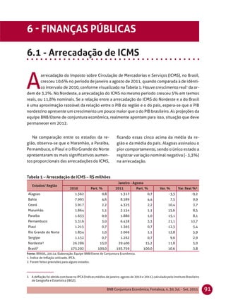 6 FINANÇAS PÚBLICAS

6.1 - Arrecadação de ICMS


A
        arrecadação do Imposto sobre Circulação de Mercadorias e Serviços (ICMS), no Brasil,
        cresceu 10,6% no período de janeiro a agosto de 2011, quando comparada à de idênti-
        co intervalo de 2010, conforme visualizado na Tabela 1. Houve crescimento real1 da or-
dem de 3,2%. No Nordeste, a arrecadação do ICMS no mesmo período cresceu 5% em termos
reais, ou 11,8% nominais. Se a relação entre a arrecadação do ICMS do Nordeste e a do Brasil
é uma aproximação razoável da relação entre o PIB da região e o do país, espera-se que o PIB
nordestino apresente um crescimento um pouco maior que o do PIB brasileiro. As projeções da
equipe BNB/Etene de conjuntura econômica, realmente apontam para isso, situação que deve
permanecer em 2012.


   Na comparação entre os estados da re-                          ﬁcando essas cinco acima da média da re-
gião, observa-se que o Maranhão, a Paraíba,                       gião e da média do país. Alagoas assinalou o
Pernambuco, o Piauí e o Rio Grande do Norte                       pior comportamento, sendo o único estado a
apresentaram os mais signiﬁcativos aumen-                         registrar variação nominal negativa (- 3,3%)
tos proporcionais das arrecadações do ICMS,                       na arrecadação.


Tabela 1 – Arrecadação de ICMS – R$ milhões
                                                                   Janeiro - Agosto
   Estados/ Região
                               2010           Part. %            2011           Part. %          Var. %         Var. Real %¹
Alagoas                            1.362              0,8           1.317               0,7            -3,3             -9,2
Bahia                              7.993              4,6           8.589               4,4               7,5            0,9
Ceará                              3.917              2,2           4.325               2,2            10,4              3,7
Maranhão                           1.864              1,1           2.154               1,1            15,6              8,5
Paraíba                            1.633              0,9           1.880               1,0            15,1              8,1
Pernambuco                         5.316              3,0           6.438               3,3            21,1            13,7
Piauí                              1.215              0,7           1.365               0,7            12,3              5,4
Rio Grande do Norte                1.834              1,0           2.069               1,1            12,8              5,9
Sergipe                            1.152              0,7           1.262               0,7               9,6            2,9
Nordeste²                        26.286              15,0          29.400             15,2             11,8              5,0
Brasil²                         175.202            100,0          193.759            100,0             10,6              3,8
Fonte: BRASIL, 2011a. Elaboração: Equipe BNB/Etene de Conjuntura Econômica.
1. Índice de Inﬂação utilizado, IPCA.
2. Foram feitas previsões para alguns estados.



1 A deﬂação foi obtida com base no IPCA (índices médios de janeiro-agosto de 2010 e 2011), calculado pelo Instituto Brasileiro
   de Geograﬁa e Estatística (IBGE).

                                                            BNB Conjuntura Econômica, Fortaleza, n. 30, Jul. - Set. 2011         91
 