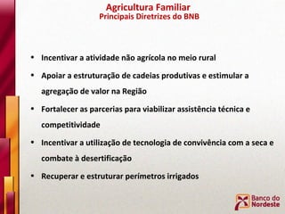 Incentivar a atividade não agrícola no meio rural Apoiar a estruturação de cadeias produtivas e estimular a agregação de valor na Região Fortalecer as parcerias para viabilizar assistência técnica e competitividade Incentivar a utilização de tecnologia de convivência com a seca e combate à desertificação Recuperar e estruturar perímetros irrigados Agricultura Familiar Principais Diretrizes do BNB 