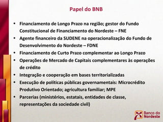 Papel do BNB Financiamento de Longo Prazo na região; gestor do Fundo Constitucional de Financiamento do Nordeste – FNE Agente financeiro da SUDENE na operacionalização do Fundo de Desenvolvimento do Nordeste – FDNE Financiamento de Curto Prazo complementar ao Longo Prazo  Operações de Mercado de Capitais complementares às operações de crédito Integração e cooperação em bases territorializadas Execução de políticas públicas governamentais: Microcrédito Produtivo Orientado; agricultura familiar; MPE Parcerias (ministérios, estatais, entidades de classe, representações da sociedade civil) 