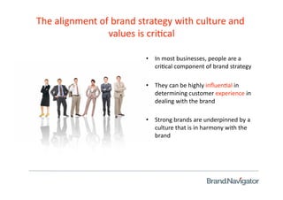 The alignment of brand strategy with culture and 
                values is cri=cal
                                 

                         •  In most businesses, people are a 
                            cri=cal component of brand strategy 

                         •  They can be highly inﬂuen=al in 
                            determining customer experience in 
                            dealing with the brand 

                         •  Strong brands are underpinned by a 
                            culture that is in harmony with the 
                            brand 
 