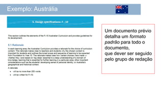 Exemplo: Austrália
Um documento prévio
detalha um formato
padrão para todo o
documento,
que dever ser seguido
pelo grupo de redação
 