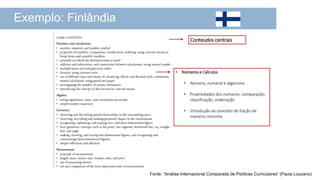 Exemplo: Finlândia
Fonte: “Análise Internacional Comparada de Políticas Curriculares” (Paula Louzano)
 