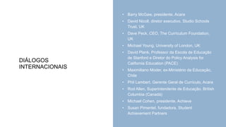 DIÁLOGOS
INTERNACIONAIS
• Barry McGaw, presidente, Acara
• David Nicoll, diretor executivo, Studio Schools
Trust, UK
• Dave Peck, CEO, The Curriculum Foundation,
UK
• Michael Young, University of London, UK
• David Plank, Professor da Escola de Educação
de Stanford e Diretor do Policy Analysis for
California Education (PACE)
• Maximiliano Moder, ex-Ministério da Educação,
Chile
• Phil Lambert, Gerente Geral de Currículo, Acara
• Rod Allen, Superintendente de Educação, British
Columbia (Canadá)
• Michael Cohen, presidente, Achieve
• Susan Pimentel, fundadora, Student
Achievement Partners
 