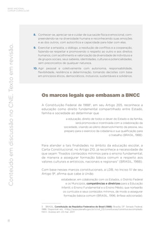 8
BASE NACIONAL
COMUM CURRICULAR
Conteúdo
em
discussão
no
CNE.
Texto
em
revisão.
Os marcos legais que embasam a BNCC
A Constituição Federal de 19885
, em seu Artigo 205, reconhece a
educação como direito fundamental compartilhado entre Estado,
família e sociedade ao determinar que
a educação, direito de todos e dever do Estado e da família,
será promovida e incentivada com a colaboração da
sociedade, visando ao pleno desenvolvimento da pessoa, seu
preparo para o exercício da cidadania e sua qualificação para
o trabalho (BRASIL, 1988).
Para atender a tais finalidades no âmbito da educação escolar, a
Carta Constitucional, no Artigo 210, já reconhece a necessidade de
que sejam “fixados conteúdos mínimos para o ensino fundamental,
de maneira a assegurar formação básica comum e respeito aos
valores culturais e artísticos, nacionais e regionais” (BRASIL, 1988).
Com base nesses marcos constitucionais, a LDB, no Inciso IV de seu
Artigo 9º, afirma que cabe à União
estabelecer, em colaboração com os Estados, o Distrito Federal
e os Municípios, competências e diretrizes para a Educação
Infantil, o Ensino Fundamental e o Ensino Médio, que nortearão
os currículos e seus conteúdos mínimos, de modo a assegurar
formação básica comum (BRASIL, 1996; ênfase adicionada).
5 BRASIL. Constituição da República Federativa do Brasil (1988). Brasília, DF: Senado Federal,
1988. Disponível em: <http://www.planalto.gov.br/ccivil_03/constituicao/constituicaocompilado.
htm>. Acesso em: 23 mar. 2017.
8. Conhecer-se, apreciar-se e cuidar de sua saúde física e emocional, com-
preendendo-se na diversidade humana e reconhecendo suas emoções
e as dos outros, com autocrítica e capacidade para lidar com elas.
9. Exercitar a empatia, o diálogo, a resolução de conflitos e a cooperação,
fazendo-se respeitar e promovendo o respeito ao outro e aos direitos
humanos, com acolhimento e valorização da diversidade de indivíduos e
de grupos sociais, seus saberes, identidades, culturas e potencialidades,
sem preconceitos de qualquer natureza.
10. Agir pessoal e coletivamente com autonomia, responsabilidade,
flexibilidade, resiliência e determinação, tomando decisões com base
em princípios éticos, democráticos, inclusivos, sustentáveis e solidários.
 