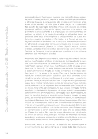 BASE NACIONAL
COMUM CURRICULAR
134
Conteúdo
em
discussão
no
CNE.
Texto
em
revisão.
progressão dos conhecimentos marcada pela indicação do que se ope-
racionaliza na leitura, escrita, oralidade. Nesse processo, procedimentos
e gêneros de apoio à compreensão são propostos em todos os anos.
Esses textos servirão de base para a reelaboração de conhecimen-
tos, a partir da elaboração de textos-síntese, como quadro-sinópticos,
esquemas, gráficos, infográficos, tabelas, resumos, entre outros, que
permitem o processamento e a organização de conhecimentos em
práticas de estudo e de dados levantados em diferentes fontes de
pesquisa. Será dada ênfase especial a procedimentos de busca, tra-
tamento e análise de dados e informações e a formas variadas de
registro e socialização de estudos e pesquisas, que envolvem não só
os gêneros já consagrados, como apresentação oral e ensaio escolar,
como também outros gêneros da cultura digital – relatos multimi-
diáticos, verbetes de enciclopédias colaborativas, vídeos-minuto etc.
Trata-se de fomentar uma formação que possibilite o trato crítico e
criterioso das informações e dados.
No âmbito do Campo artístico-literário, trata-se de possibilitar o contato
com as manifestações artísticas em geral, e, de forma particular e espe-
cial, com a arte literária e de oferecer as condições para que se possa
reconhecer, valorizar e fruir essas manifestações. Está em jogo a con-
tinuidade da formação do leitor literário, com especial destaque para
o desenvolvimento da fruição, de modo a evidenciar a condição esté-
tica desse tipo de leitura e de escrita. Para que a função utilitária da
literatura – e da arte em geral – possa dar lugar à sua dimensão huma-
nizadora, transformadora e mobilizadora, é preciso supor – e, portanto,
garantir a formação de – um leitor-fruidor, ou seja, de um sujeito que seja
capaz de se implicar na leitura dos textos, de “desvendar” suas múltiplas
camadas de sentido, de responder às suas demandas e de firmar pactos
de leitura. Para tanto, as habilidades, no que tange à formação literária,
envolvem conhecimentos de gêneros narrativos e poéticos que podem
ser desenvolvidos em função dessa apreciação e que dizem respeito, no
caso da narrativa literária, a seus elementos (espaço, tempo, persona-
gens); às escolhas que constituem o estilo nos textos, na configuração
do tempo e do espaço e na construção dos personagens; aos diferentes
modos de se contar uma história (em primeira ou terceira pessoa, por
meio de um narrador personagem, com pleno ou parcial domínio dos
acontecimentos); à polifonia própria das narrativas, que oferecem níveis
de complexidade a serem explorados em cada ano da escolaridade;
ao fôlego dos textos. No caso da poesia, destacam-se, inicialmente,
os efeitos de sentido produzidos por recursos de diferentes naturezas,
para depois se alcançar a dimensão imagética, constituída de processos
metafóricos e metonímicos muito presentes na linguagem poética.
Ressalta-se, ainda, a proposição de objetivos de aprendizagem e
desenvolvimento que concorrem para a capacidade dos estudantes
 