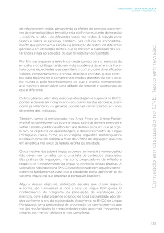 LINGUAGENS – LÍNGUA PORTUGUESA
ENSINO FUNDAMENTAL
135
Conteúdo
em
discussão
no
CNE.
Texto
em
revisão.
de relacionarem textos, percebendo os efeitos de sentidos decorren-
tes da intertextualidade temática e da polifonia resultante da inserção
– explícita ou não – de diferentes vozes nos textos. A relação entre
textos e vozes se expressa, também, nas práticas de compartilha-
mento que promovem a escuta e a produção de textos, de diferentes
gêneros e em diferentes mídias, que se prestam à expressão das pre-
ferências e das apreciações do que foi lido/ouvido/assistido.
Por fim, destaque-se a relevância desse campo para o exercício da
empatia e do diálogo, tendo em vista a potência da arte e da litera-
tura como expedientes que permitem o contato com diversificados
valores, comportamentos, crenças, desejos e conflitos, o que contri-
bui para reconhecer e compreender modos distintos de ser e estar
no mundo e, pelo reconhecimento do que é diverso, compreender
a si mesmo e desenvolver uma atitude de respeito e valorização do
que é diferente.
Outros gêneros, além daqueles cuja abordagem é sugerida na BNCC,
podem e devem ser incorporados aos currículos das escolas e, assim
como já salientado, os gêneros podem ser contemplados em anos
diferentes dos indicados.
Também, como já mencionado, nos Anos Finais do Ensino Funda-
mental, os conhecimentos sobre a língua, sobre as demais semioses e
sobre a norma-padrão se articulam aos demais eixos em que se orga-
nizam os objetivos de aprendizagem e desenvolvimento de Língua
Portuguesa. Dessa forma, as abordagens linguística, metalinguística
e reflexiva ocorrem sempre a favor da prática de linguagem que está
em evidência nos eixos de leitura, escrita ou oralidade.
Os conhecimentos sobre a língua, as demais semioses e a norma-padrão
não devem ser tomados como uma lista de conteúdos dissociados
das práticas de linguagem, mas como propiciadores de reflexão a
respeito do funcionamento da língua no contexto dessas práticas. A
seleção de habilidades na BNCC está relacionada com aqueles conhe-
cimentos fundamentais para que o estudante possa apropriar-se do
sistema linguístico que organiza o português brasileiro.
Alguns desses objetivos, sobretudo aqueles que dizem respeito
à norma, são transversais a toda a base de Língua Portuguesa. O
conhecimento da ortografia, da pontuação, da acentuação, por
exemplo, deve estar presente ao longo de toda escolaridade, aborda-
dos conforme o ano da escolaridade. Assume-se, na BNCC de Língua
Portuguesa, uma perspectiva de progressão de conhecimentos que
vai das regularidades às irregularidades e dos usos mais frequentes e
simples aos menos habituais e mais complexos.
 
