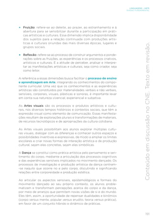 191
LINGUAGENS – ARTE
ENSINO FUNDAMENTAL
Conteúdo
em
discussão
no
CNE.
Texto
em
revisão.
• Fruição: refere-se ao deleite, ao prazer, ao estranhamento e à
abertura para se sensibilizar durante a participação em práti-
cas artísticas e culturais. Essa dimensão implica disponibilidade
dos sujeitos para a relação continuada com produções artís-
ticas e culturais oriundas das mais diversas épocas, lugares e
grupos sociais.
• Reflexão: refere-se ao processo de construir argumentos e ponde-
rações sobre as fruições, as experiências e os processos criativos,
artísticos e culturais. É a atitude de perceber, analisar e interpre-
tar as manifestações artísticas e culturais, seja como criador, seja
como leitor.
A referência a essas dimensões busca facilitar o processo de ensino
e aprendizagem em Arte, integrando os conhecimentos do compo-
nente curricular. Uma vez que os conhecimentos e as experiências
artísticas são constituídos por materialidades verbais e não verbais,
sensíveis, corporais, visuais, plásticas e sonoras, é importante levar
em conta sua natureza vivencial, experiencial e subjetiva.
As Artes visuais são os processos e produtos artísticos e cultu-
rais, nos diversos tempos históricos e contextos sociais, que têm a
expressão visual como elemento de comunicação. Essas manifesta-
ções resultam de explorações plurais e transformações de materiais,
de recursos tecnológicos e de apropriações da cultura cotidiana.
As Artes visuais possibilitam aos alunos explorar múltiplas cultu-
ras visuais, dialogar com as diferenças e conhecer outros espaços e
possibilidades inventivas e expressivas, de modo a ampliar os limites
escolares e criar novas formas de interação artística e de produção
cultural, sejam elas concretas, sejam elas simbólicas.
A Dança se constitui como prática artística pelo pensamento e sen-
timento do corpo, mediante a articulação dos processos cognitivos
e das experiências sensíveis implicados no movimento dançado. Os
processos de investigação e produção artística da dança centram-
-se naquilo que ocorre no e pelo corpo, discutindo e significando
relações entre corporeidade e produção estética.
Ao articular os aspectos sensíveis, epistemológicos e formais do
movimento dançado ao seu próprio contexto, os alunos proble-
matizam e transformam percepções acerca do corpo e da dança,
por meio de arranjos que permitem novas visões de si e do mundo.
Eles têm, assim, a oportunidade de repensar dualidades e binômios
(corpo versus mente, popular versus erudito, teoria versus prática),
em favor de um conjunto híbrido e dinâmico de práticas.
 