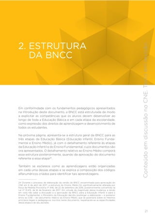 21
ESTRUTURA
2. ESTRUTURA
DA BNCC
Em conformidade com os fundamentos pedagógicos apresentados
na Introdução deste documento, a BNCC está estruturada de modo
a explicitar as competências que os alunos devem desenvolver ao
longo de toda a Educação Básica e em cada etapa da escolaridade,
como expressão dos direitos de aprendizagem e desenvolvimento de
todos os estudantes.
Na próxima página, apresenta-se a estrutura geral da BNCC para as
três etapas da Educação Básica (Educação Infantil, Ensino Funda-
mental e Ensino Médio), já com o detalhamento referente às etapas
da Educação Infantil e do Ensino Fundamental, cujos documentos são
ora apresentados. O detalhamento relativo ao Ensino Médio comporá
essa estrutura posteriormente, quando da aprovação do documento
referente a essa etapa24
.
Também se esclarece como as aprendizagens estão organizadas
em cada uma dessas etapas e se explica a composição dos códigos
alfanuméricos criados para identificar tais aprendizagens.
24 Durante o processo de elaboração da versão da BNCC encaminhada para apreciação do
CNE em 6 de abril de 2017, a estrutura do Ensino Médio foi significativamente alterada por
força da Medida Provisória nº 446, de 22 de setembro de 2016, posteriormente convertida na
Lei nº 13.415, de 16 de fevereiro de 2017. Em virtude da magnitude dessa mudança, e tendo
em vista não adiar a discussão e a aprovação da BNCC para a Educação Infantil e para o
Ensino Fundamental, o Ministério da Educação decidiu postergar a elaboração – e posterior
envio ao CNE – do documento relativo ao Ensino Médio, que se assentará sobre os mesmos
princípios legais e pedagógicos inscritos neste documento, respeitando-se as especificidades
dessa etapa e de seu alunado.
Conteúdo
em
discussão
no
CNE.
Texto
em
revisão.
 