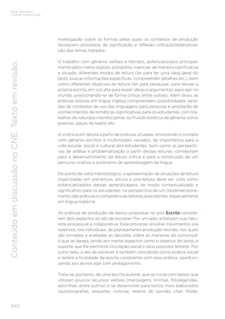 BASE NACIONAL
COMUM CURRICULAR
240
Conteúdo
em
discussão
no
CNE.
Texto
em
revisão.
investigação sobre as formas pelas quais os contextos de produção
favorecem processos de significação e reflexão crítica/problematiza-
ção dos temas tratados.
O trabalho com gêneros verbais e híbridos, potencializados principal-
mente pelos meios digitais, possibilita vivenciar, de maneira significativa
e situada, diferentes modos de leitura (ler para ter uma ideia geral do
texto, buscar informações específicas, compreender detalhes etc.), bem
como diferentes objetivos de leitura (ler para pesquisar, para revisar a
própria escrita, em voz alta para expor ideias e argumentos, para agir no
mundo, posicionando-se de forma crítica, entre outras). Além disso, as
práticas leitoras em língua inglesa compreendem possibilidades varia-
das de contextos de uso das linguagens para pesquisa e ampliação de
conhecimentos de temáticas significativas para os estudantes, com tra-
balhos de natureza interdisciplinar ou fruição estética de gêneros como
poemas, peças de teatro etc.
A vivência em leitura a partir de práticas situadas, envolvendo o contato
com gêneros escritos e multimodais variados, de importância para a
vida escolar, social e cultural dos estudantes, bem como as perspecti-
vas de análise e problematização a partir dessas leituras, corroboram
para o desenvolvimento da leitura crítica e para a construção de um
percurso criativo e autônomo de aprendizagem da língua.
Do ponto de vista metodológico, a apresentação de situações de leitura
organizadas em pré-leitura, leitura e pós-leitura deve ser vista como
potencializadora dessas aprendizagens de modo contextualizado e
significativo para os estudantes, na perspectiva de um (re)dimensiona-
mento das práticas e competências leitoras já existentes, especialmente
em língua materna.
As práticas de produção de textos propostas no eixo Escrita conside-
ram dois aspectos do ato de escrever. Por um lado, enfatizam sua natu-
reza processual e colaborativa. Esse processo envolve movimentos ora
coletivos, ora individuais, de planejamento-produção-revisão, nos quais
são tomadas e avaliadas as decisões sobre as maneiras de comunicar
o que se deseja, tendo em mente aspectos como o objetivo do texto, o
suporte que lhe permitirá circulação social e seus possíveis leitores. Por
outro lado, o ato de escrever é também concebido como prática social
e reitera a finalidade da escrita condizente com essa prática, oportuni-
zando aos alunos agir com protagonismo.
Trata-se, portanto, de uma escrita autoral, que se inicia com textos que
utilizam poucos recursos verbais (mensagens, tirinhas, fotolegendas,
adivinhas, entre outros) e se desenvolve para textos mais elaborados
(autobiografias, esquetes, notícias, relatos de opinião, chat, fôlder,
 
