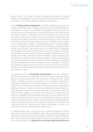 LINGUAGENS – LÍNGUA INGLESA
ENSINO FUNDAMENTAL
241
Conteúdo
em
discussão
no
CNE.
Texto
em
revisão.
entre outros), nos quais recursos linguístico-discursivos variados
podem ser trabalhados. Essas vivências contribuem para o desenvol-
vimento de uma escrita autêntica, criativa e autônoma.
O eixo Conhecimentos linguísticos consolida-se pelas práticas de uso,
análise e reflexão sobre a língua, sempre de modo contextualizado,
articulado e a serviço das práticas de oralidade, leitura e escrita. O
estudo do léxico e da gramática, envolvendo formas e tempos verbais,
estruturas frasais e conectores discursivos, entre outros, tem como
foco levar os alunos, de modo indutivo, a descobrir o funcionamento
sistêmico do inglês. Para além da definição do que é certo e do que
é errado, essas descobertas devem propiciar reflexões sobre noções
como “adequação”, “padrão”, “variação linguística” e “inteligibilidade”,
levando o estudante a pensar sobre os usos da língua inglesa, questio-
nando, por exemplo: “Essa forma de usar o inglês estaria ‘adequada’
na perspectiva de quem? Quem define o que é o ‘correto’ na língua?
Quem estaria incluído nesses usos da linguagem? Quem estaria silen-
ciado?” De modo contrastivo, devem também explorar relações de
semelhança e diferença entre a língua inglesa, a língua portuguesa e
outras línguas que porventura os alunos também conheçam. Para além
de uma comparação trivial, com vistas à mera curiosidade, o transitar
por diferentes línguas pode se constituir um exercício metalinguístico
frutífero, ao mesmo tempo em que dá visibilidade a outras línguas, que
não apenas o inglês.
A proposição do eixo Dimensão intercultural nasce da compreen-
são de que as culturas, especialmente na sociedade contemporânea,
estão em contínuo processo de interação e (re)construção. Desse
modo, diferentes grupos de pessoas, com interesses, agendas e
repertórios linguísticos e culturais diversos, vivenciam, em seus con-
tatos e fluxos interacionais, processos de constituição de identidades
abertas e plurais. Este é o cenário do inglês como língua franca, e,
nele, aprender inglês implica problematizar os diferentes papéis da
própria língua inglesa no mundo, seus valores, seu alcance e seus
efeitos nas relações entre diferentes pessoas e povos, tanto na socie-
dade contemporânea quanto em uma perspectiva histórica. Nesse
sentido, o tratamento do inglês como língua franca impõe desafios e
novas prioridades para o ensino, entre os quais o adensamento das
reflexões sobre as relações entre língua, identidade e cultura, e o
desenvolvimento da competência intercultural.
É imprescindível dizer que esses eixos, embora tratados de forma
separada na explicitação da BNCC, estão intrinsecamente ligados nas
práticas sociais de usos da língua inglesa e devem ser assim trabalha-
dos nas situações de aprendizagem propostas no contexto escolar.
Em outras palavras, é a língua em uso, sempre híbrida, polifônica e
 