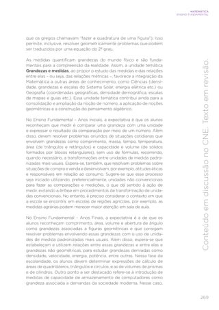 269
MATEMÁTICA
ENSINO FUNDAMENTAL
Conteúdo
em
discussão
no
CNE.
Texto
em
revisão.
que os gregos chamavam “fazer a quadratura de uma figura”). Isso
permite, inclusive, resolver geometricamente problemas que podem
ser traduzidos por uma equação do 2º grau.
As medidas quantificam grandezas do mundo físico e são funda-
mentais para a compreensão da realidade. Assim, a unidade temática
Grandezas e medidas, ao propor o estudo das medidas e das relações
entre elas – ou seja, das relações métricas –, favorece a integração da
Matemática a outras áreas de conhecimento, como Ciências (densi-
dade, grandezas e escalas do Sistema Solar, energia elétrica etc.) ou
Geografia (coordenadas geográficas, densidade demográfica, escalas
de mapas e guias etc.). Essa unidade temática contribui ainda para a
consolidação e ampliação da noção de número, a aplicação de noções
geométricas e a construção do pensamento algébrico.
No Ensino Fundamental – Anos Iniciais, a expectativa é que os alunos
reconheçam que medir é comparar uma grandeza com uma unidade
e expressar o resultado da comparação por meio de um número. Além
disso, devem resolver problemas oriundos de situações cotidianas que
envolvem grandezas como comprimento, massa, tempo, temperatura,
área (de triângulos e retângulos) e capacidade e volume (de sólidos
formados por blocos retangulares), sem uso de fórmulas, recorrendo,
quando necessário, a transformações entre unidades de medida padro-
nizadas mais usuais. Espera-se, também, que resolvam problemas sobre
situações de compra e venda e desenvolvam, por exemplo, atitudes éticas
e responsáveis em relação ao consumo. Sugere-se que esse processo
seja iniciado utilizando, preferencialmente, unidades não convencionais
para fazer as comparações e medições, o que dá sentido à ação de
medir, evitando a ênfase em procedimentos de transformação de unida-
des convencionais. No entanto, é preciso considerar o contexto em que
a escola se encontra: em escolas de regiões agrícolas, por exemplo, as
medidas agrárias podem merecer maior atenção em sala de aula.
No Ensino Fundamental – Anos Finais, a expectativa é a de que os
alunos reconheçam comprimento, área, volume e abertura de ângulo
como grandezas associadas a figuras geométricas e que consigam
resolver problemas envolvendo essas grandezas com o uso de unida-
des de medida padronizadas mais usuais. Além disso, espera-se que
estabeleçam e utilizem relações entre essas grandezas e entre elas e
grandezas não geométricas, para estudar grandezas derivadas como
densidade, velocidade, energia, potência, entre outras. Nessa fase da
escolaridade, os alunos devem determinar expressões de cálculo de
áreas de quadriláteros, triângulos e círculos, e as de volumes de prismas
e de cilindros. Outro ponto a ser destacado refere-se à introdução de
medidas de capacidade de armazenamento de computadores como
grandeza associada a demandas da sociedade moderna. Nesse caso,
 