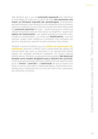 29
ESTRUTURA
Conteúdo
em
discussão
no
CNE.
Texto
em
revisão.
Vale destacar que o uso de numeração sequencial para identificar
as habilidades de cada ano ou bloco de anos não representa uma
ordem ou hierarquia esperada das aprendizagens. A progressão
das aprendizagens, que se explicita na comparação entre os quadros
relativos a cada ano (ou bloco de anos), pode tanto estar relacionada
aos processos cognitivos em jogo – sendo expressa por verbos que
indicam processos cada vez mais ativos ou exigentes – quanto aos
objetos de conhecimento – que podem apresentar crescente sofis-
ticação ou complexidade –, ou, ainda, aos modificadores – que, por
exemplo, podem fazer referência a contextos mais familiares aos
alunos e, aos poucos, expandir-se para contextos mais amplos.
Também é preciso enfatizar que os critérios de organização das
habilidades descritos na BNCC (com a explicitação dos objetos de
conhecimento aos quais se relacionam e do agrupamento desses
objetos em unidades temáticas) expressam um arranjo possível
(dentre outros). Portanto, os agrupamentos propostos não devem ser
tomados como modelo obrigatório para o desenho dos currículos.
A forma de apresentação adotada na BNCC tem por objetivo asse-
gurar a clareza, a precisão e a explicitação do que se espera que
todos os alunos aprendam na Educação Básica, fornecendo orien-
tações para a elaboração de currículos em todo o País, adequados
aos diferentes contextos.
 