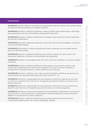 309
MATEMÁTICA
ENSINO FUNDAMENTAL
Conteúdo
em
discussão
no
CNE.
Texto
em
revisão.
HABILIDADES
(EF08MA01) Efetuar cálculos com potências de expoentes inteiros e aplicar esse conhecimento
na representação de números em notação científica.
(EF08MA02) Resolver e elaborar problemas usando a relação entre potenciação e radiciação,
para representar uma raiz como potência de expoente fracionário.
(EF08MA03) Resolver e elaborar problemas de contagem cuja resolução envolva a aplicação
do princípio multiplicativo.
(EF08MA04) Resolver e elaborar problemas, envolvendo cálculo de porcentagens, incluindo o
uso de tecnologias digitais.
(EF08MA05) Reconhecer e utilizar procedimentos para a obtenção de uma fração geratriz
para uma dízima periódica.
(EF08MA06) Resolver e elaborar problemas que envolvam cálculo do valor numérico de
expressões algébricas, utilizando as propriedades das operações.
(EF08MA07) Associar uma equação linear de 1º grau com duas incógnitas a uma reta no plano
cartesiano.
(EF08MA08) Resolver e elaborar problemas relacionados ao seu contexto próximo, que
possam ser representados por sistemas de equações de 1º grau com duas incógnitas e
interpretá-los, utilizando, inclusive, o plano cartesiano como recurso.
(EF08MA09) Resolver e elaborar, com e sem uso de tecnologias, problemas que possam ser
representados por equações polinomiais de 2º grau do tipo ax2
= b.
(EF08MA10) Identificar a regularidade de uma sequência numérica ou figural não recursiva
e construir um algoritmo por meio de um fluxograma que permita indicar os números ou as
figuras seguintes.
(EF08MA11) Identificar a regularidade de uma sequência numérica recursiva e construir um
algoritmo por meio de um fluxograma que permita indicar os números seguintes.
(EF08MA12) Identificar a natureza da variação de duas grandezas, diretamente, inversamente
proporcionais ou não proporcionais, expressando a relação existente por meio de sentença
algébrica e representá-la no plano cartesiano.
(EF08MA13) Resolver e elaborar problemas que envolvam grandezas diretamente ou
inversamente proporcionais, por meio de estratégias variadas.
 
