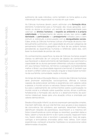 350
BASE NACIONAL
COMUM CURRICULAR
Conteúdo
em
discussão
no
CNE.
Texto
em
revisão.
autônomo de cada indivíduo, como também os torna aptos a uma
intervenção mais responsável no mundo em que vivem.
As Ciências Humanas devem, assim, estimular uma formação ética,
elemento fundamental para a formação das novas gerações, auxi-
liando os alunos a construir um sentido de responsabilidade para
valorizar: os direitos humanos; o respeito ao ambiente e à própria
coletividade; o fortalecimento de valores sociais, tais como a soli-
dariedade, a participação e o protagonismo voltados para o bem
comum; e, sobretudo, a preocupação com as desigualdades sociais.
Cabe, ainda, às Ciências Humanas cultivar a formação de alunos inte-
lectualmente autônomos, com capacidade de articular categorias de
pensamento histórico e geográfico em face de seu próprio tempo,
percebendo as experiências humanas e refletindo sobre elas, com
base na diversidade de pontos de vista.
Os conhecimentos específicos na área de Ciências Humanas exigem
clareza na definição de um conjunto de objetos de conhecimento
que favoreçam o desenvolvimento de habilidades e que aprimorem a
capacidade de os alunos pensarem diferentes culturas e sociedades,
em seus tempos históricos, territórios e paisagens (compreendendo
melhor o Brasil, sua diversidade regional e territorial). E também que
os levem a refletir sobre sua inserção singular e responsável na histó-
ria da sua família, comunidade, nação e mundo.
Ao longo de toda a Educação Básica, o ensino das Ciências Humanas
deve promover explorações sociocognitivas, afetivas e lúdicas
capazes de potencializar sentidos e experiências com saberes sobre
a pessoa, o mundo social e a natureza. Dessa maneira, a área contri-
bui para o adensamento de conhecimentos sobre a participação no
mundo social e a reflexão sobre questões sociais, éticas e políticas,
fortalecendo a formação dos alunos e o desenvolvimento da auto-
nomia intelectual, bases para uma atuação crítica e orientada por
valores democráticos.
Desde a Educação Infantil, os alunos expressam percepções simples,
mas bem definidas, de sua vida familiar, seus grupos e seus espaços
de convivência. No cotidiano, por exemplo, desenham familiares,
identificam relações de parentesco, reconhecem a si mesmos em
fotos (classificando-as como antigas ou recentes), guardam datas e
fatos, sabem a hora de dormir e de ir para a escola, negociam horá-
rios, fazem relatos orais e revisitam o passado por meio de jogos,
cantigas e brincadeiras ensinadas pelos mais velhos. Com essas
experiências, começam a levantar hipóteses e a se posicionar sobre
determinadas situações.
 