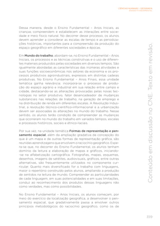 CIÊNCIAS HUMANAS – GEOGRAFIA
ENSINO FUNDAMENTAL
359
Conteúdo
em
discussão
no
CNE.
Texto
em
revisão.
Dessa maneira, desde o Ensino Fundamental – Anos Iniciais, as
crianças compreendem e estabelecem as interações entre socie-
dade e meio físico natural. No decorrer desse processo, os alunos
devem aprender a considerar as escalas de tempo e as periodiza-
ções históricas, importantes para a compreensão da produção do
espaço geográfico em diferentes sociedades e épocas.
Em Mundo do trabalho, abordam-se, no Ensino Fundamental – Anos
Iniciais, os processos e as técnicas construtivas e o uso de diferen-
tes materiais produzidos pelas sociedades em diversos tempos. São
igualmente abordadas as características das inúmeras atividades e
suas funções socioeconômicas nos setores da economia e os pro-
cessos produtivos agroindustriais, expressos em distintas cadeias
produtivas. No Ensino Fundamental – Anos Finais, essa unidade
temática ganha relevância: incorpora-se o processo de produ-
ção do espaço agrário e industrial em sua relação entre campo e
cidade, destacando-se as alterações provocadas pelas novas tec-
nologias no setor produtivo, fator desencadeador de mudanças
substanciais nas relações de trabalho, na geração de emprego e
na distribuição de renda em diferentes escalas. A Revolução Indus-
trial, a revolução técnico-científico-informacional e a urbanização
devem ser associadas às alterações no mundo do trabalho. Nesse
sentido, os alunos terão condição de compreender as mudanças
que ocorreram no mundo do trabalho em variados tempos, escalas
e processos históricos, sociais e étnico-raciais.
Por sua vez, na unidade temática Formas de representação e pen-
samento espacial, além da ampliação gradativa da concepção do
que é um mapa e de outras formas de representação gráfica, são
reunidas aprendizagens que envolvem o raciocínio geográfico. Espe-
ra-se que, no decorrer do Ensino Fundamental, os alunos tenham
domínio da leitura e elaboração de mapas e gráficos, iniciando-
-se na alfabetização cartográfica. Fotografias, mapas, esquemas,
desenhos, imagens de satélites, audiovisuais, gráficos, entre outras
alternativas, são frequentemente utilizados no componente cur-
ricular. Quanto mais diversificado for o trabalho com linguagens,
maior o repertório construído pelos alunos, ampliando a produção
de sentidos na leitura de mundo. Compreender as particularidades
de cada linguagem, em suas potencialidades e em suas limitações,
conduz ao reconhecimento dos produtos dessas linguagens não
como verdades, mas como possibilidades.
No Ensino Fundamental – Anos Iniciais, os alunos começam, por
meio do exercício da localização geográfica, a desenvolver o pen-
samento espacial, que gradativamente passa a envolver outros
princípios metodológicos do raciocínio geográfico, como os de
 