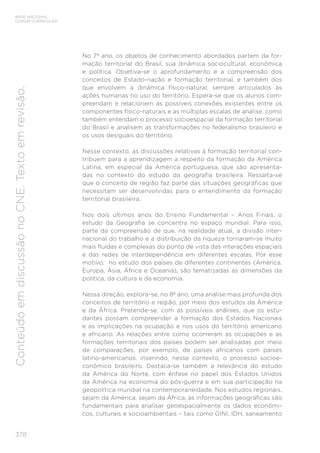 BASE NACIONAL
COMUM CURRICULAR
378
Conteúdo
em
discussão
no
CNE.
Texto
em
revisão.
No 7º ano, os objetos de conhecimento abordados partem da for-
mação territorial do Brasil, sua dinâmica sociocultural, econômica
e política. Objetiva-se o aprofundamento e a compreensão dos
conceitos de Estado-nação e formação territorial, e também dos
que envolvem a dinâmica físico-natural, sempre articulados às
ações humanas no uso do território. Espera-se que os alunos com-
preendam e relacionem as possíveis conexões existentes entre os
componentes físico-naturais e as múltiplas escalas de análise, como
também entendam o processo socioespacial da formação territorial
do Brasil e analisem as transformações no federalismo brasileiro e
os usos desiguais do território.
Nesse contexto, as discussões relativas à formação territorial con-
tribuem para a aprendizagem a respeito da formação da América
Latina, em especial da América portuguesa, que são apresenta-
das no contexto do estudo da geografia brasileira. Ressalta-se
que o conceito de região faz parte das situações geográficas que
necessitam ser desenvolvidas para o entendimento da formação
territorial brasileira.
Nos dois últimos anos do Ensino Fundamental – Anos Finais, o
estudo da Geografia se concentra no espaço mundial. Para isso,
parte da compreensão de que, na realidade atual, a divisão inter-
nacional do trabalho e a distribuição da riqueza tornaram-se muito
mais fluídas e complexas do ponto de vista das interações espaciais
e das redes de interdependência em diferentes escalas. Por esse
motivo, no estudo dos países de diferentes continentes (América,
Europa, Ásia, África e Oceania), são tematizadas as dimensões da
política, da cultura e da economia.
Nessa direção, explora-se, no 8º ano, uma análise mais profunda dos
conceitos de território e região, por meio dos estudos da América
e da África. Pretende-se, com as possíveis análises, que os estu-
dantes possam compreender a formação dos Estados Nacionais
e as implicações na ocupação e nos usos do território americano
e africano. As relações entre como ocorreram as ocupações e as
formações territoriais dos países podem ser analisadas por meio
de comparações, por exemplo, de países africanos com países
latino-americanos, inserindo, nesse contexto, o processo socioe-
conômico brasileiro. Destaca-se também a relevância do estudo
da América do Norte, com ênfase no papel dos Estados Unidos
da América na economia do pós-guerra e em sua participação na
geopolítica mundial na contemporaneidade. Nos estudos regionais,
sejam da América, sejam da África, as informações geográficas são
fundamentais para analisar geoespacialmente os dados econômi-
cos, culturais e socioambientais – tais como GINI, IDH, saneamento
 