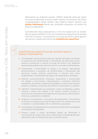 BASE NACIONAL
COMUM CURRICULAR
398
Conteúdo
em
discussão
no
CNE.
Texto
em
revisão.
Retornando ao ambiente escolar, a BNCC pretende estimular ações
nas quais professores e alunos sejam sujeitos do processo de ensino
e aprendizagem. Nesse sentido, eles próprios devem assumir uma
atitude historiadora diante dos conteúdos propostos no âmbito do
Ensino Fundamental.
Considerando esses pressupostos, e em articulação com as compe-
tências gerais da BNCC e com as competências específicas da área de
Ciências Humanas, o componente curricular de História deve garantir
aos alunos o desenvolvimento de competências específicas.
COMPETÊNCIAS ESPECÍFICAS DE HISTÓRIA PARA O
ENSINO FUNDAMENTAL
1. Compreender acontecimentos históricos, relações de poder e processos
e mecanismos de transformação e manutenção das estruturas sociais,
políticas, econômicas e culturais ao longo do tempo e em diferentes
espaços para analisar, posicionar-se e intervir no mundo contemporâneo.
2. Compreender a historicidade no tempo e no espaço, relacionando
acontecimentos e processos de transformação e manutenção das
estruturas sociais, políticas, econômicas e culturais, bem como
problematizar os significados das lógicas de organização cronológica.
3. Elaborar questionamentos, hipóteses, argumentos e proposições
em relação a documentos, interpretações e contextos históricos
específicos, recorrendo a diferentes linguagens e mídias, exercitando a
empatia, o diálogo, a resolução de conflitos, a cooperação e o respeito.
4. Identificar interpretações que expressem visões de diferentes sujeitos,
culturas e povos com relação a um mesmo contexto histórico, e
posicionar-se criticamente com base em princípios éticos, democráticos,
inclusivos, sustentáveis e solidários.
5. Analisar e compreender o movimento de populações e mercadorias
no tempo e no espaço e seus significados históricos, levando em conta
o respeito e a solidariedade com as diferentes populações.
6. Compreender e problematizar os conceitos e procedimentos norteadores
da produção historiográfica.
7. Produzir, avaliar e utilizar tecnologias digitais de informação e
comunicação de modo crítico, ético e responsável, compreendendo seus
significados para os diferentes grupos ou estratos sociais.
 