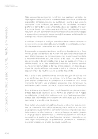 BASE NACIONAL
COMUM CURRICULAR
400
Conteúdo
em
discussão
no
CNE.
Texto
em
revisão.
Não são apenas os sistemas numéricos que explicam variações de
linguagem. Existem inúmeras maneiras de se comunicar por meio de
expressões corporais, sonoras ou gustativas – como o que se come
ou não se come. No Brasil, por exemplo, não se comem cachorros;
prefere-se carne de vaca ou uma dieta à base de vegetais. Por quê?
E a cobra, é uma boa opção para quem? Essas descobertas simples
resultam em um aprimoramento dos mecanismos de comunicação
e se constituem, posteriormente, no substrato para a elaboração do
diálogo e da resolução de conflitos.
Aprender a identificar códigos variados é tarefa necessária para o
desenvolvimento da cognição, comunicação e socialização, compe-
tências essenciais para o viver em sociedade.
Retomando as grandes temáticas do Ensino Fundamental – Anos
Iniciais, pode-se dizer que, do 1º ao 5º ano, as habilidades trabalham
com diferentes graus de complexidade, mas o objetivo primordial é
o reconhecimento do “Eu”, do “Outro” e do “Nós”. Há uma amplia-
ção de escala e de percepção, mas o que se busca, de início, é o
conhecimento de si, das referências imediatas do círculo pessoal,
da noção de comunidade e da vida em sociedade. Em seguida, por
meio da relação diferenciada entre sujeitos e objetos, é possível
separar o “Eu” do “Outro”. Esse é o ponto de partida.
No 3º e no 4º ano contemplam-se a noção de lugar em que se vive
e as dinâmicas em torno da cidade, com ênfase nas diferencia-
ções entre a vida privada e a vida pública, a urbana e a rural. Nesse
momento, também são analisados processos mais longínquos na
escala temporal, como a circulação dos primeiros grupos humanos.
Essa análise se amplia no 5º ano, cuja ênfase está em pensar a diver-
sidade dos povos e culturas e suas formas de organização. A noção
de cidadania, com direitos e deveres, e o reconhecimento da diver-
sidade das sociedades pressupõem uma educação que estimule o
convívio e o respeito entre os povos.
Para evitar uma visão homogênea, busca-se observar que, no inte-
rior de uma sociedade, há formas de registros variados, e que cada
grupo produz suas memórias como elemento que impulsiona o esta-
belecimento de identidades e o reconhecimento de pertencimento
a um grupo social determinado. As memórias podem ser individuais
ou coletivas e podem ter significações variadas, inserindo-se em
uma lógica de produção de patrimônios (materiais ou imateriais)
que dizem respeito a grupos ou povos específicos.
 