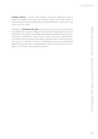ENSINO RELIGIOSO
ENSINO FUNDAMENTAL
437
Conteúdo
em
discussão
no
CNE.
Texto
em
revisão.
códigos éticos e morais. Tais códigos, em geral, definem o que é
certo ou errado, permitido ou proibido. Esses princípios éticos e
morais atuam como balizadores de comportamento, tanto nos ritos
como na vida social.
Também as filosofias de vida se ancoram em princípios cujas fontes
não advêm do universo religioso. Pessoas sem religião adotam prin-
cípios éticos e morais cuja origem decorre de fundamentos racionais,
filosóficos, científicos, entre outros. Esses princípios, geralmente,
coincidem com o conjunto de valores seculares de mundo e de bem,
tais como: o respeito à vida e à dignidade humana, o tratamento
igualitário das pessoas, a liberdade de consciência, crença e convic-
ções, e os direitos individuais e coletivos.
 