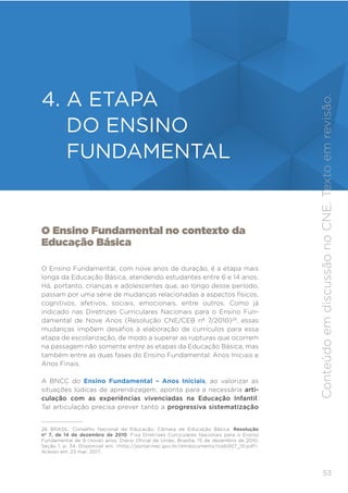 53
ENSINO FUNDAMENTAL
O Ensino Fundamental no contexto da
Educação Básica
O Ensino Fundamental, com nove anos de duração, é a etapa mais
longa da Educação Básica, atendendo estudantes entre 6 e 14 anos.
Há, portanto, crianças e adolescentes que, ao longo desse período,
passam por uma série de mudanças relacionadas a aspectos físicos,
cognitivos, afetivos, sociais, emocionais, entre outros. Como já
indicado nas Diretrizes Curriculares Nacionais para o Ensino Fun-
damental de Nove Anos (Resolução CNE/CEB nº 7/2010)28
, essas
mudanças impõem desafios à elaboração de currículos para essa
etapa de escolarização, de modo a superar as rupturas que ocorrem
na passagem não somente entre as etapas da Educação Básica, mas
também entre as duas fases do Ensino Fundamental: Anos Iniciais e
Anos Finais.
A BNCC do Ensino Fundamental – Anos Iniciais, ao valorizar as
situações lúdicas de aprendizagem, aponta para a necessária arti-
culação com as experiências vivenciadas na Educação Infantil.
Tal articulação precisa prever tanto a progressiva sistematização
28 BRASIL. Conselho Nacional de Educação; Câmara de Educação Básica. Resolução
nº 7, de 14 de dezembro de 2010. Fixa Diretrizes Curriculares Nacionais para o Ensino
Fundamental de 9 (nove) anos. Diário Oficial da União, Brasília, 15 de dezembro de 2010,
Seção 1, p. 34. Disponível em: <http://portal.mec.gov.br/dmdocuments/rceb007_10.pdf>.
Acesso em: 23 mar. 2017.
4. A ETAPA
DO ENSINO
FUNDAMENTAL
Conteúdo
em
discussão
no
CNE.
Texto
em
revisão.
 