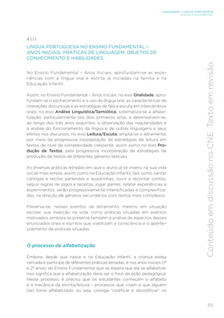 LINGUAGENS – LÍNGUA PORTUGUESA
ENSINO FUNDAMENTAL
85
Conteúdo
em
discussão
no
CNE.
Texto
em
revisão.
4.1.1.1.
LÍNGUA PORTUGUESA NO ENSINO FUNDAMENTAL –
ANOS INICIAIS: PRÁTICAS DE LINGUAGEM, OBJETOS DE
CONHECIMENTO E HABILIDADES
No Ensino Fundamental – Anos Iniciais, aprofundam-se as expe-
riências com a língua oral e escrita já iniciadas na família e na
Educação Infantil.
Assim, no Ensino Fundamental – Anos Iniciais, no eixo Oralidade, apro-
fundam-se o conhecimento e o uso da língua oral, as características de
interações discursivas e as estratégias de fala e escuta em intercâmbios
orais; no eixo Análise Linguística/Semiótica, sistematiza-se a alfabe-
tização, particularmente nos dois primeiros anos, e desenvolvem-se,
ao longo dos três anos seguintes, a observação das regularidades e
a análise do funcionamento da língua e de outras linguagens e seus
efeitos nos discursos; no eixo Leitura/Escuta, amplia-se o letramento,
por meio da progressiva incorporação de estratégias de leitura em
textos de nível de complexidade crescente, assim como no eixo Pro-
dução de Textos, pela progressiva incorporação de estratégias de
produção de textos de diferentes gêneros textuais.
As diversas práticas letradas em que o aluno já se inseriu na sua vida
social mais ampla, assim como na Educação Infantil, tais como cantar
cantigas e recitar parlendas e quadrinhas, ouvir e recontar contos,
seguir regras de jogos e receitas, jogar games, relatar experiências e
experimentos, serão progressivamente intensificadas e complexifica-
das, na direção de gêneros secundários com textos mais complexos.
Preserva-se, nesses eventos de letramento, mesmo em situação
escolar, sua inserção na vida, como práticas situadas em eventos
motivados, embora se preserve também a análise de aspectos desses
enunciados orais e escritos que viabilizam a consciência e o aperfei-
çoamento de práticas situadas.
O processo de alfabetização
Embora, desde que nasce e na Educação Infantil, a criança esteja
cercada e participe de diferentes práticas letradas, é nos anos iniciais (1º
e 2º anos) do Ensino Fundamental que se espera que ela se alfabetize.
Isso significa que a alfabetização deve ser o foco da ação pedagógica.
Nesse processo, é preciso que os estudantes conheçam o alfabeto
e a mecânica da escrita/leitura – processos que visam a que alguém
(se) torne alfabetizado, ou seja, consiga “codificar e decodificar” os
 