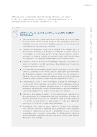 7
INTRODUÇÃO
Conteúdo
em
discussão
no
CNE.
Texto
em
revisão.
Infantil, Ensino Fundamental e Ensino Médio), articulando-se na cons-
trução de conhecimentos, no desenvolvimento de habilidades e na
formação de atitudes e valores, nos termos da LDB.
COMPETÊNCIAS GERAIS DA BASE NACIONAL COMUM
CURRICULAR
1. Valorizar e utilizar os conhecimentos historicamente construídos sobre
o mundo físico, social, cultural e digital para entender e explicar a
realidade, continuar aprendendo e colaborar para a construção de uma
sociedade justa, democrática e inclusiva.
2. Exercitar a curiosidade intelectual e recorrer à abordagem própria
das ciências, incluindo a investigação, a reflexão, a análise crítica, a
imaginação e a criatividade, para investigar causas, elaborar e testar
hipóteses, formular e resolver problemas e criar soluções (inclusive
tecnológicas) com base nos conhecimentos das diferentes áreas.
3. Valorizar e fruir as diversas manifestações artísticas e culturais, das
locais às mundiais, e também participar de práticas diversificadas da
produção artístico-cultural.
4. Utilizar diferentes linguagens – verbal (oral ou visual-motora, como Libras,
e escrita), corporal, visual, sonora e digital –, bem como conhecimentos
das linguagens artística, matemática e científica, para se expressar e
partilhar informações, experiências, ideias e sentimentos em diferentes
contextos e produzir sentidos que levem ao entendimento mútuo.
5. Compreender, utilizar e criar tecnologias digitais de informação e
comunicação de forma crítica, significativa, reflexiva e ética nas diversas
práticas sociais (incluindo as escolares) para se comunicar, acessar e
disseminar informações, produzir conhecimentos, resolver problemas
e exercer protagonismo e autoria na vida pessoal e coletiva.
6. Valorizar a diversidade de saberes e vivências culturais e apropriar-se
de conhecimentos e experiências que lhe possibilitem entender as
relações próprias do mundo do trabalho e fazer escolhas alinhadas
ao exercício da cidadania e ao seu projeto de vida, com liberdade,
autonomia, consciência crítica e responsabilidade.
7. Argumentar com base em fatos, dados e informações confiáveis,
para formular, negociar e defender ideias, pontos de vista e decisões
comuns que respeitem e promovam os direitos humanos, a consciência
socioambiental e o consumo responsável em âmbito local, regional e
global, com posicionamento ético em relação ao cuidado de si mesmo,
dos outros e do planeta.
 