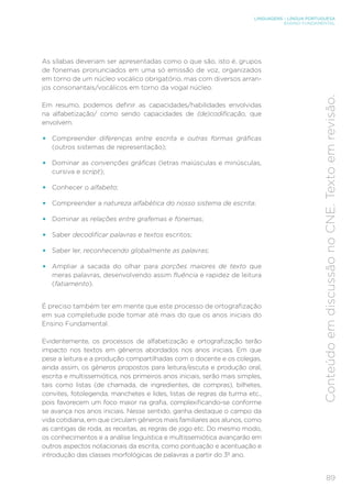 LINGUAGENS – LÍNGUA PORTUGUESA
ENSINO FUNDAMENTAL
89
Conteúdo
em
discussão
no
CNE.
Texto
em
revisão.
As sílabas deveriam ser apresentadas como o que são, isto é, grupos
de fonemas pronunciados em uma só emissão de voz, organizados
em torno de um núcleo vocálico obrigatório, mas com diversos arran-
jos consonantais/vocálicos em torno da vogal núcleo.
Em resumo, podemos definir as capacidades/habilidades envolvidas
na alfabetização/ como sendo capacidades de (de)codificação, que
envolvem:
• Compreender diferenças entre escrita e outras formas gráficas
(outros sistemas de representação);
• Dominar as convenções gráficas (letras maiúsculas e minúsculas,
cursiva e script);
• Conhecer o alfabeto;
• Compreender a natureza alfabética do nosso sistema de escrita;
• Dominar as relações entre grafemas e fonemas;
• Saber decodificar palavras e textos escritos;
• Saber ler, reconhecendo globalmente as palavras;
• Ampliar a sacada do olhar para porções maiores de texto que
meras palavras, desenvolvendo assim fluência e rapidez de leitura
(fatiamento).
É preciso também ter em mente que este processo de ortografização
em sua completude pode tomar até mais do que os anos iniciais do
Ensino Fundamental.
Evidentemente, os processos de alfabetização e ortografização terão
impacto nos textos em gêneros abordados nos anos iniciais. Em que
pese a leitura e a produção compartilhadas com o docente e os colegas,
ainda assim, os gêneros propostos para leitura/escuta e produção oral,
escrita e multissemiótica, nos primeiros anos iniciais, serão mais simples,
tais como listas (de chamada, de ingredientes, de compras), bilhetes,
convites, fotolegenda, manchetes e lides, listas de regras da turma etc.,
pois favorecem um foco maior na grafia, complexificando-se conforme
se avança nos anos iniciais. Nesse sentido, ganha destaque o campo da
vida cotidiana, em que circulam gêneros mais familiares aos alunos, como
as cantigas de roda, as receitas, as regras de jogo etc. Do mesmo modo,
os conhecimentos e a análise linguística e multissemiótica avançarão em
outros aspectos notacionais da escrita, como pontuação e acentuação e
introdução das classes morfológicas de palavras a partir do 3º ano.
 