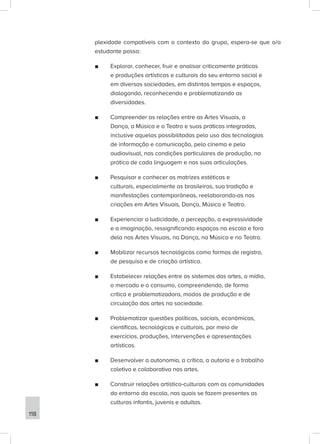 plexidade compatíveis com o contexto do grupo, espera-se que o/a
estudante possa:
■
■ Explorar, conhecer, fruir e analisar criticamente práticas
e produções artísticas e culturais do seu entorno social e
em diversas sociedades, em distintos tempos e espaços,
dialogando, reconhecendo e problematizando as
diversidades.
■
■ Compreender as relações entre as Artes Visuais, a
Dança, a Música e o Teatro e suas práticas integradas,
inclusive aquelas possibilitadas pelo uso das tecnologias
de informação e comunicação, pelo cinema e pelo
audiovisual, nas condições particulares de produção, na
prática de cada linguagem e nas suas articulações.
■
■ Pesquisar e conhecer as matrizes estéticas e
culturais, especialmente as brasileiras, sua tradição e
manifestações contemporâneas, reelaborando-as nas
criações em Artes Visuais, Dança, Música e Teatro.
■
■ Experienciar a ludicidade, a percepção, a expressividade
e a imaginação, ressignificando espaços na escola e fora
dela nas Artes Visuais, na Dança, na Música e no Teatro.
■
■ Mobilizar recursos tecnológicos como formas de registro,
de pesquisa e de criação artística.
■
■ Estabelecer relações entre os sistemas das artes, a mídia,
o mercado e o consumo, compreendendo, de forma
crítica e problematizadora, modos de produção e de
circulação das artes na sociedade.
■
■ Problematizar questões políticas, sociais, econômicas,
científicas, tecnológicas e culturais, por meio de
exercícios, produções, intervenções e apresentações
artísticas.
■
■ Desenvolver a autonomia, a crítica, a autoria e o trabalho
coletivo e colaborativo nas artes.
■
■ Construir relações artístico-culturais com as comunidades
do entorno da escola, nas quais se fazem presentes as
culturas infantis, juvenis e adultas.
118
 