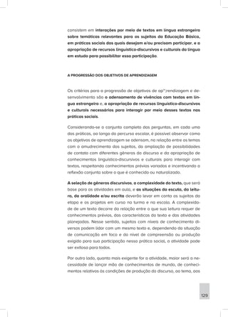 consistem em interações por meio de textos em língua estrangeira
sobre temáticas relevantes para os sujeitos da Educação Básica,
em práticas sociais das quais desejam e/ou precisam participar, e a
apropriação de recursos linguístico-discursivos e culturais da língua
em estudo para possibilitar essa participação.
A PROGRESSÃO DOS OBJETIVOS DE APRENDIZAGEM
Os critérios para a progressão de objetivos de ap~;rendizagem e de-
senvolvimento são o adensamento de vivências com textos em lín-
gua estrangeira e, a apropriação de recursos linguístico-discursivos
e culturais necessários para interagir por meio desses textos nas
práticas sociais.
Considerando-se o conjunto completo das perguntas, em cada uma
das práticas, ao longo do percurso escolar, é possível observar como
os objetivos de aprendizagem se adensam, na relação entre os temas
com o amudrecimento dos sujeitos, da ampliação de possibilidades
de contato com diferentes gêneros do discurso e da apropriação de
conhecimentos linguístico-discursivos e culturais para interagir com
textos, respeitando conhecimentos prévios variados e incentivando a
reflexão conjunta sobre o que é conhecido ou naturalizado.
A seleção de gêneros discursivos, a complexidade do texto, que será
base para as atividades em aula, e as situações da escuta, da leitu-
ra, da oralidade e/ou escrita deverão levar em conta os sujeitos da
etapa e os projetos em curso na turma e na escola. A complexida-
de de um texto decorre da relação entre o que sua leitura requer de
conhecimentos prévios, das características do texto e das atividades
planejadas. Nesse sentido, sujeitos com níveis de conhecimento di-
versos podem lidar com um mesmo texto e, dependendo da situação
de comunicação em foco e do nível de compreensão ou produção
exigido para sua participação nessa prática social, a atividade pode
ser exitosa para todos.
Por outro lado, quanto mais exigente for a atividade, maior será a ne-
cessidade de lançar mão de conhecimentos de mundo, de conheci-
mentos relativos às condições de produção do discurso, ao tema, aos
129
 