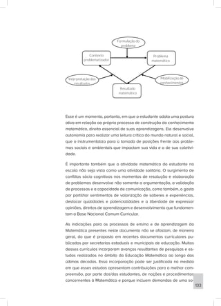 Interpretação dos
resultados
Mobilização de
conhecimentos
Formulação do
problema
Contexto
problematizador
Resultado
matemático
Problema
matemático
Esse é um momento, portanto, em que o estudante adota uma postura
ativa em relação ao próprio processo de construção do conhecimento
matemático, direito essencial de suas aprendizagens. Ele desenvolve
autonomia para realizar uma leitura crítica do mundo natural e social,
que o instrumentaliza para a tomada de posições frente aos proble-
mas sociais e ambientais que impactam sua vida e a de sua coletivi-
dade.
É importante também que a atividade matemática do estudante na
escola não seja vista como uma atividade solitária. O surgimento de
conflitos sócio cognitivos nos momentos de resolução e elaboração
de problemas desenvolve não somente a argumentação, a validação
de processos e a capacidade de comunicação, como também, o gosto
por partilhar sentimentos de valorização de saberes e experiências,
destacar qualidades e potencialidades e a liberdade de expressar
opiniões, direitos de aprendizagem e desenvolvimento que fundamen-
tam a Base Nacional Comum Curricular.
As indicações para os processos de ensino e de aprendizagem da
Matemática presentes neste documento não se afastam, de maneira
geral, do que é proposto em recentes documentos curriculares pu-
blicados por secretarias estaduais e municipais de educação. Muitos
desses currículos incorporam avanços resultantes de pesquisas e es-
tudos realizados no âmbito da Educação Matemática ao longo das
últimas décadas. Essa incorporação pode ser justificada na medida
em que esses estudos apresentam contribuições para a melhor com-
preensão, por parte dos/das estudantes, de noções e procedimentos
concernentes à Matemática e porque incluem demandas de uma so-
133
 