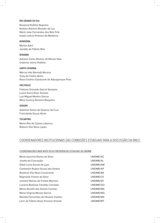 RIO GRANDE DO SUL
Rossana Padilha Negreira
Rudson Adriano Rossato da Luz
Maria Jose Fernandes dos Reis Fink
Isabel Letícia Pedroso de Medeiros
RONDÔNIA
Mariza Salvi
Janette de Fátima Reis
RORAIMA
Adriana Carla Oliveira de Morais Vale
Catarina Janira Padilha
SANTA CATARINA
Márcia Inês Bernadt Wurzius
Suzy de Castro Alves
Rosa Cristina Cavalcanti de Albuquerque Pires
SÃO PAULO
Fabiana Granado Garcia Sampaio
Luana Serra Elias Tavares
Luiz Miguel Martins Garcia
Mara Suzany Romano Bergamo
SERGIPE
Gabriela Zelice de Queiroz da Cruz
Francileide Souza Alves
TOCANTINS
Maria Rita de Cássia Labanca
Robson Vila Nova Lopes
COORDENADORES INSTITUCIONAIS DAS COMISSÕES ESTADUAIS PARA A DISCUSSÃO DA BNCC
COORDENADORES INDICADOS PELAS PRESIDÊNCIAS ESTADUAIS DA UNDIME
Maria Izauníria Nunes da Silva UNDIME/AC
Josefa da Conceição UNDIME/AL
Silleti Lúcia Sarubi de Lyra UNDIME/AM
Cleiberton Riullen Souza dos Santos UNDIME/AP
Rosilene Vila Nova Cavalcante UNDIME/BA
Regivaldo Freires da Silva UNDIME/CE
Jomaira Ramos de Freitas Mariano UNDIME/ES
Luciana Barbosa Cândido Carniello UNDIME/GO
Maria Gorethi dos Santos Camelo UNDIME/MA
Maria Virgínia Morais Garcia UNDIME/MG
Marilda Fernandes de Oliveira Coelho UNDIME/MS
Lenir de Fátima Alves Ferreira Vronski UNDIME/MT
 