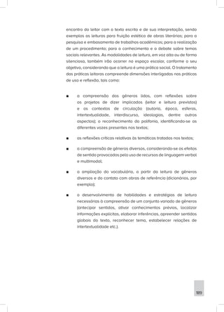 189
encontro do leitor com o texto escrito e de sua interpretação, sendo
exemplos as leituras para fruição estética de obras literárias; para a
pesquisa e embasamento de trabalhos acadêmicos; para a realização
de um procedimento; para o conhecimento e o debate sobre temas
sociais relevantes. As modalidades de leitura, em voz alta ou de forma
silenciosa, também irão ocorrer no espaço escolar, conforme o seu
objetivo, considerando que a leitura é uma prática social. O tratamento
das práticas leitoras compreende dimensões interligadas nas práticas
de uso e reflexão, tais como:
■
■ a compreensão dos gêneros lidos, com reflexões sobre
os projetos de dizer implicados (leitor e leitura previstos)
e os contextos de circulação (autoria, época, esferas,
intertextualidade, interdiscurso, ideologias, dentre outros
aspectos); o reconhecimento da polifonia, identificando-se as
diferentes vozes presentes nos textos;
■
■ as reflexões críticas relativas às temáticas tratadas nos textos;
■
■ a compreensão de gêneros diversos, considerando-se os efeitos
de sentido provocados pelo uso de recursos de linguagem verbal
e multimodal;
■
■ a ampliação do vocabulário, a partir da leitura de gêneros
diversos e do contato com obras de referência (dicionários, por
exemplo);
■
■ o desenvolvimento de habilidades e estratégias de leitura
necessárias à compreensão de um conjunto variado de gêneros
(antecipar sentidos, ativar conhecimentos prévios, localizar
informações explícitas, elaborar inferências, apreender sentidos
globais do texto, reconhecer tema, estabelecer relações de
intertextualidade etc.).
 